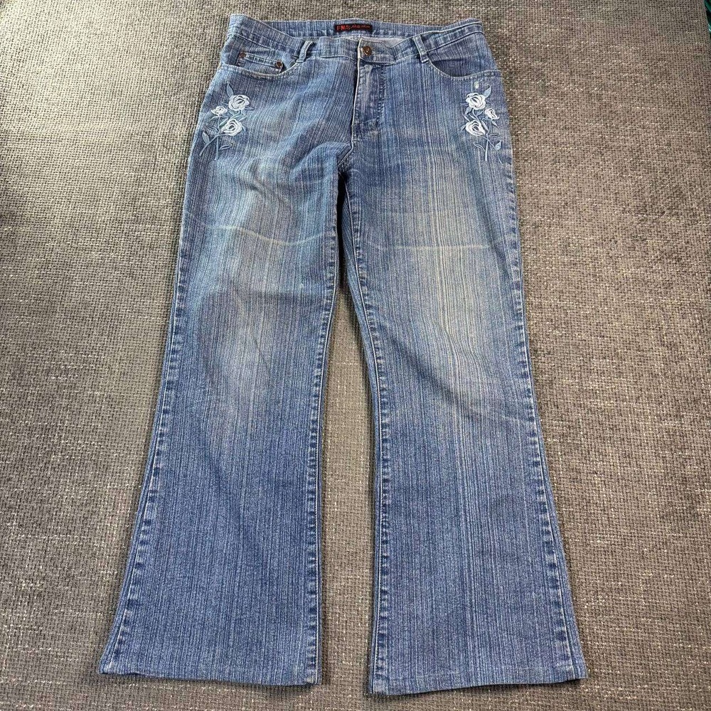 FMS Jeans Wear Flare Jeans Women 34 Blue Floral Embroidered Y2K Vintage